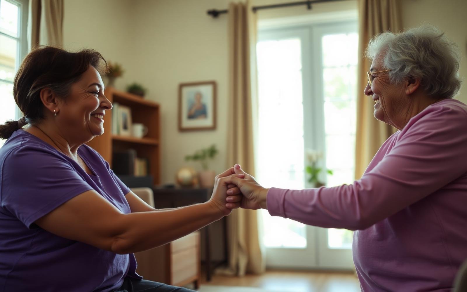 Caregiver holding hands with a smiling senior woman