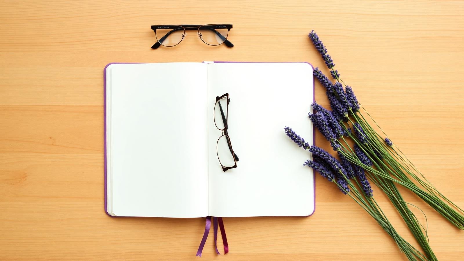 Open notebook, glasses, and lavender on a warm wooden desk