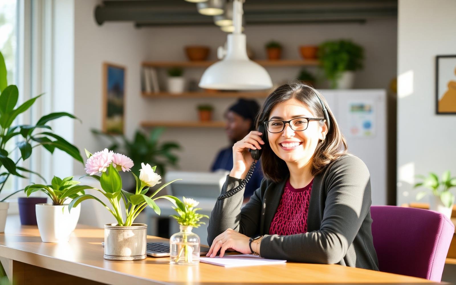 Friendly care coordinator smiling while speaking with a family on the phone