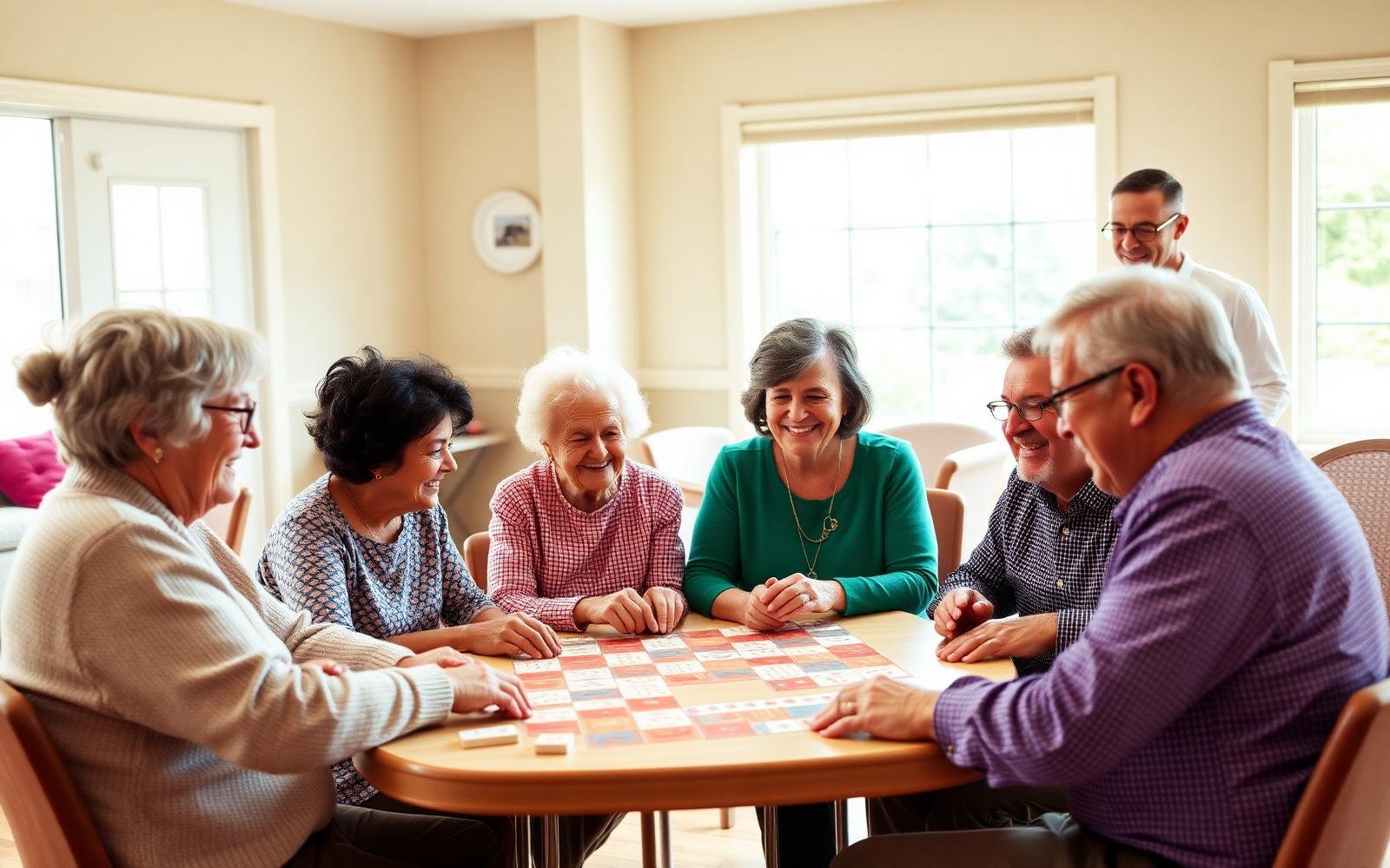 Seniors playing a group game together at a sunlit day center