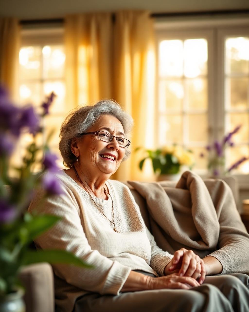 Caregiver and senior smiling together