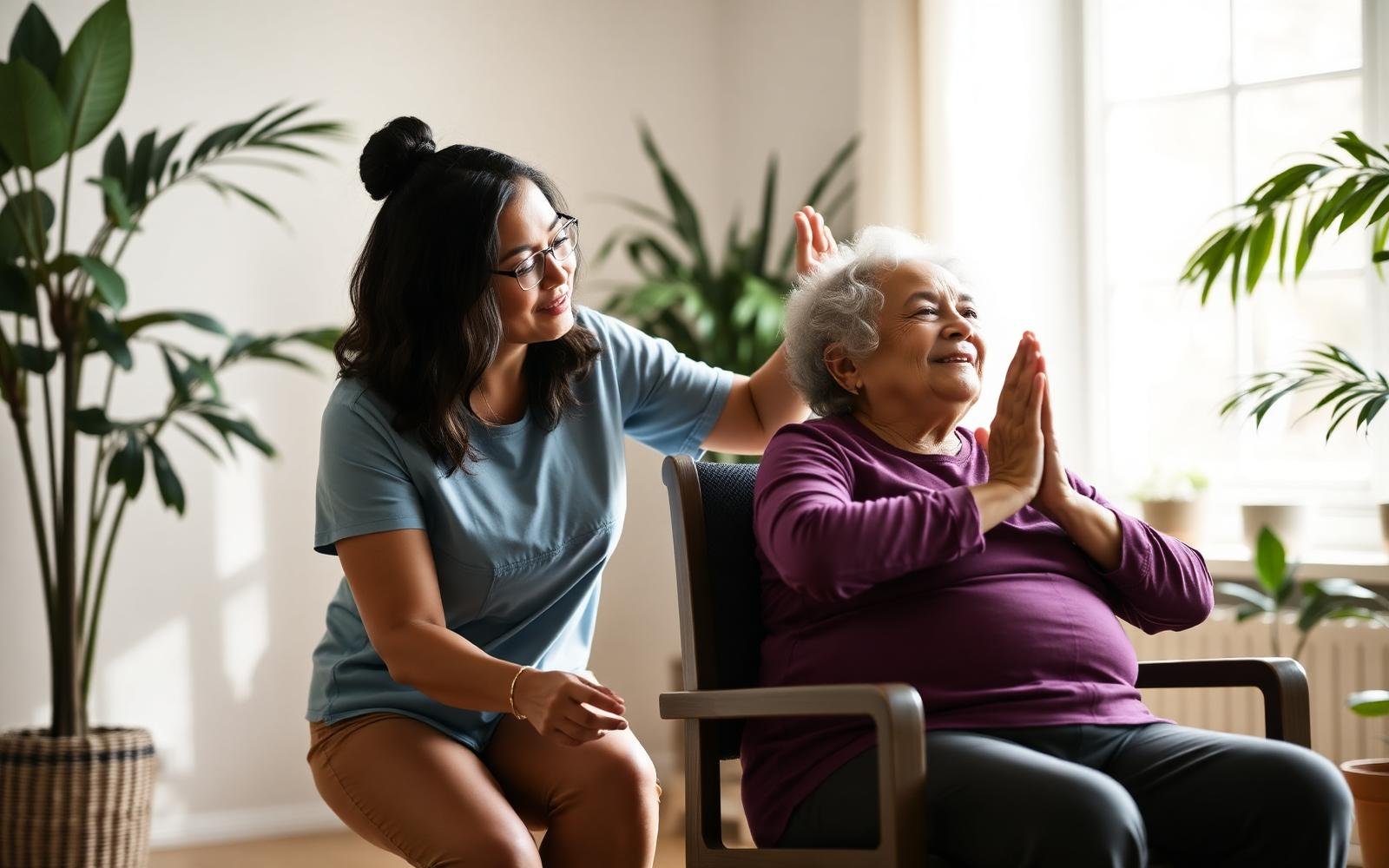 Caregiver and senior doing gentle chair exercises together in a sunlit room