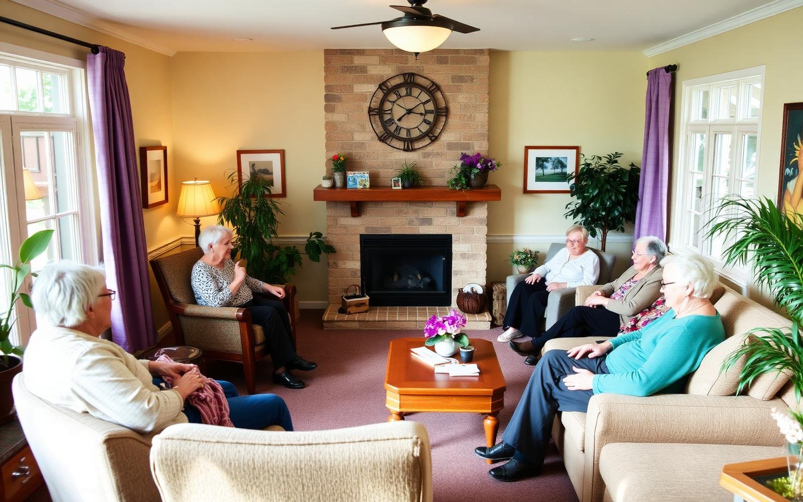 Cozy residential living room where seniors relax and chat together