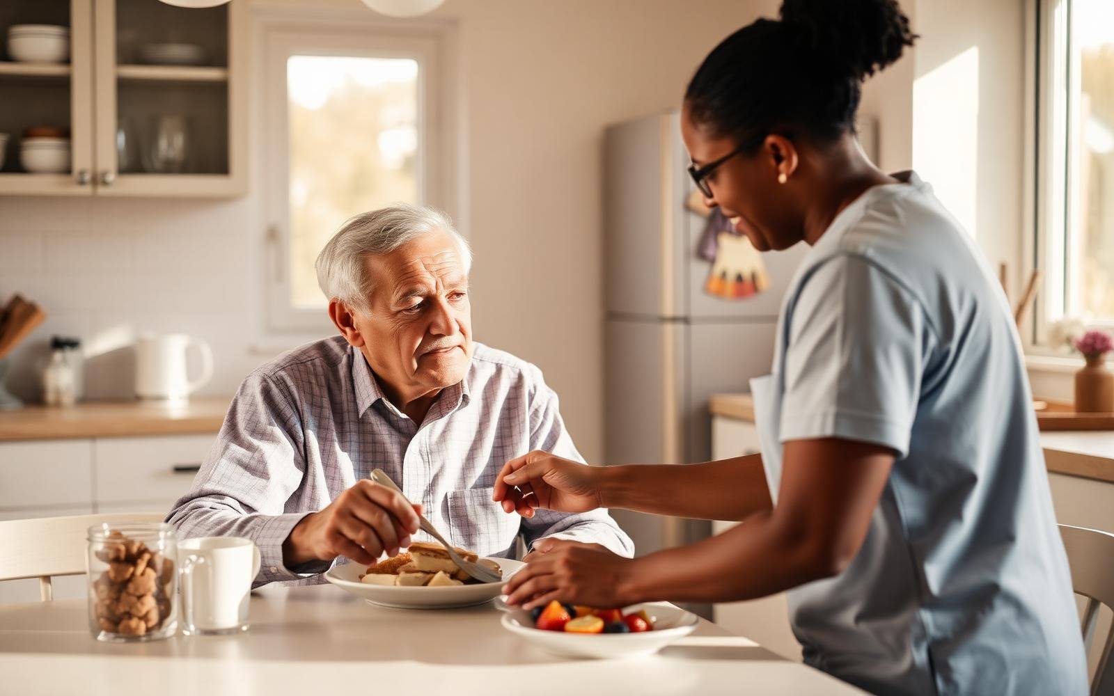 Caregiver assisting a senior man at a bright kitchen table